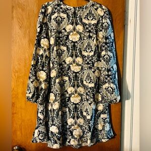 LOFT Navy and Cream Mock Neck Bishop Sleeve Dress